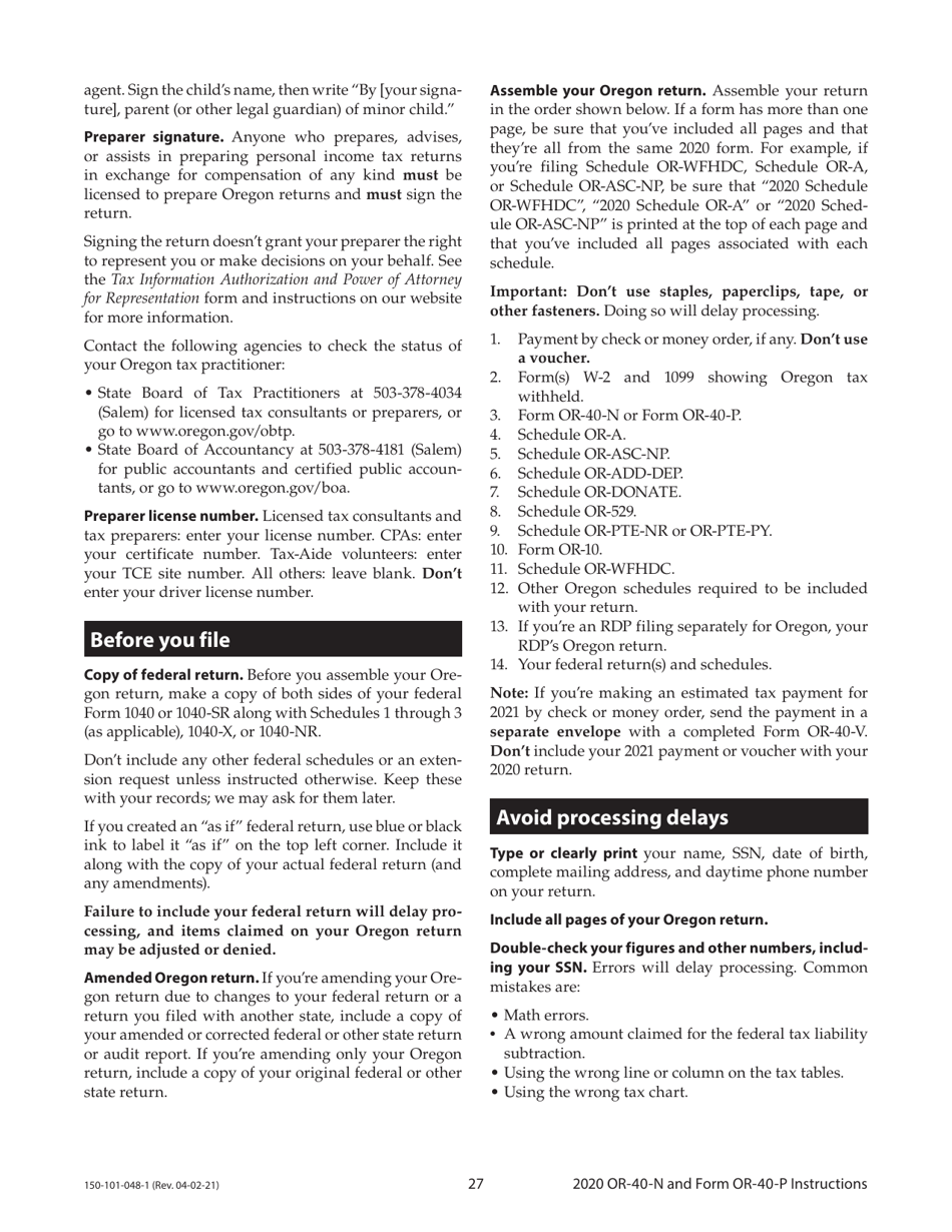 Instructions for Form OR-40-N, 150-101-048, OR-40-P, 150-101-055 - Oregon, Page 27