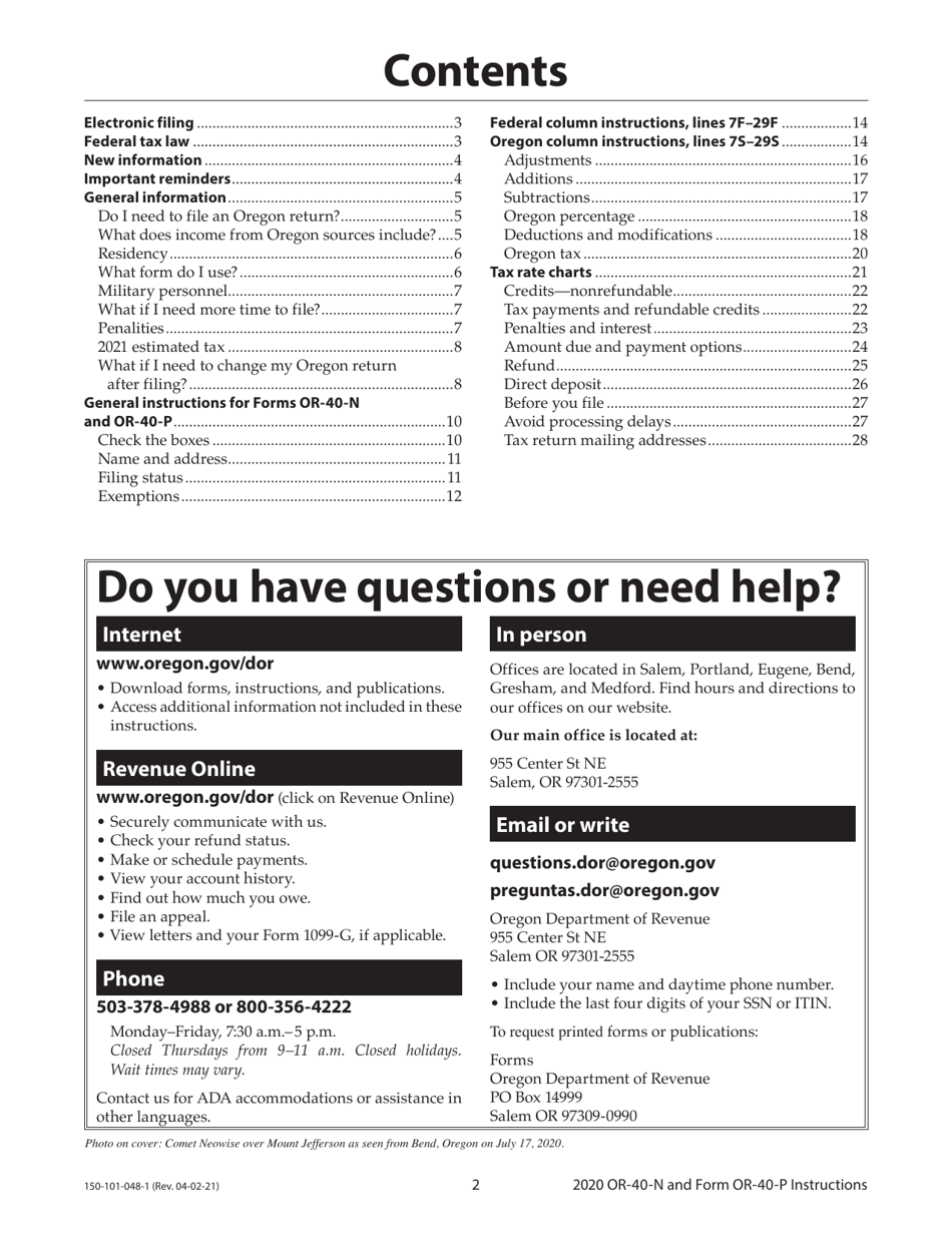 Instructions for Form OR-40-N, 150-101-048, OR-40-P, 150-101-055 - Oregon, Page 2