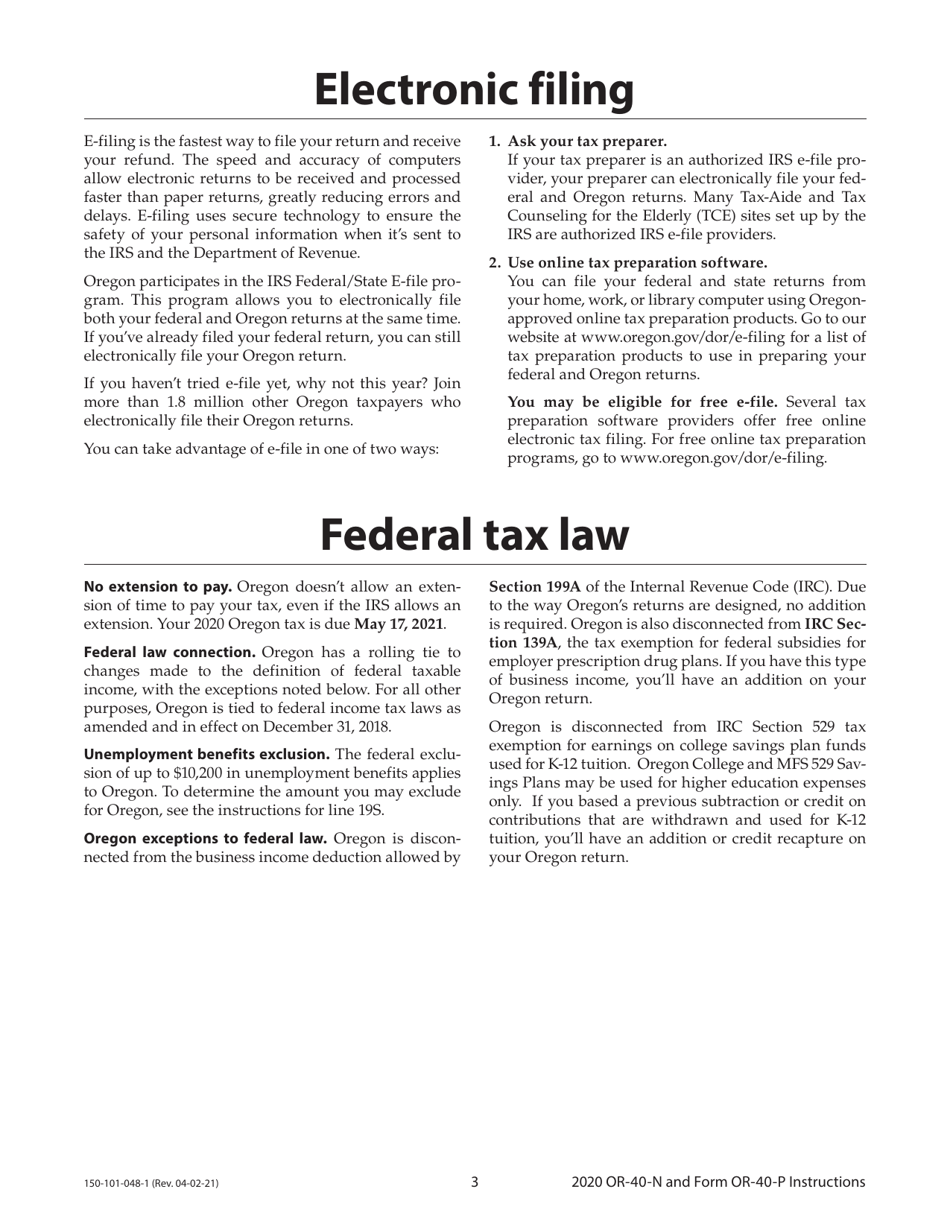Instructions for Form OR-40-N, 150-101-048, OR-40-P, 150-101-055 - Oregon, Page 3