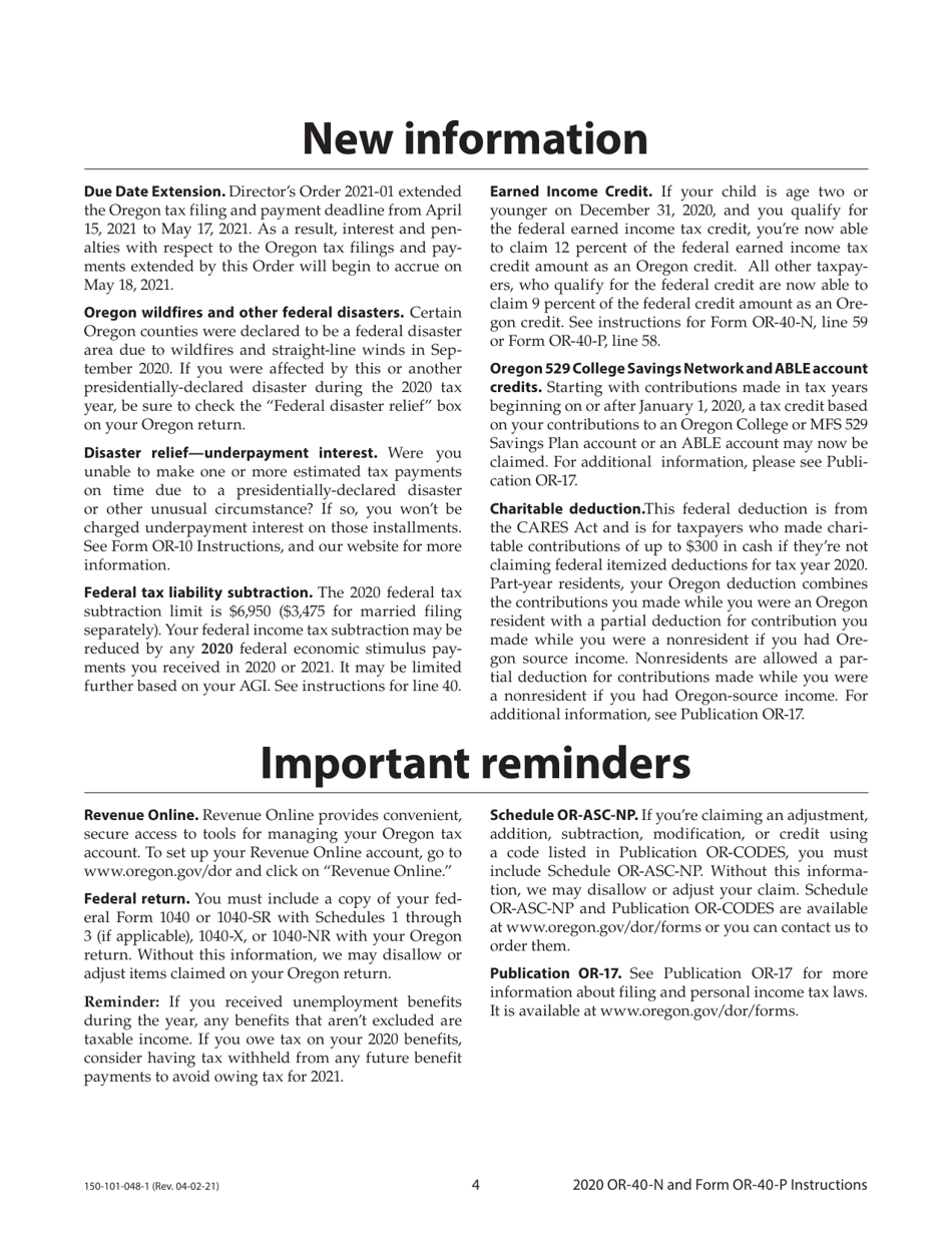 Instructions for Form OR-40-N, 150-101-048, OR-40-P, 150-101-055 - Oregon, Page 4