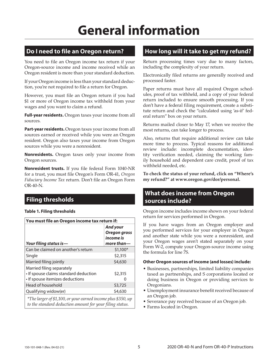 Instructions for Form OR-40-N, 150-101-048, OR-40-P, 150-101-055 - Oregon, Page 5