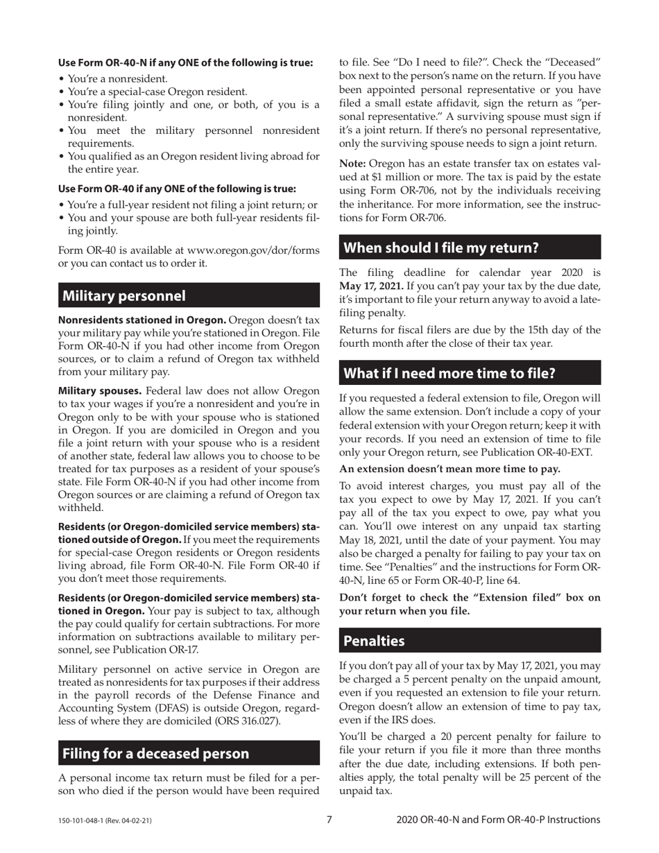 Instructions for Form OR-40-N, 150-101-048, OR-40-P, 150-101-055 - Oregon, Page 7