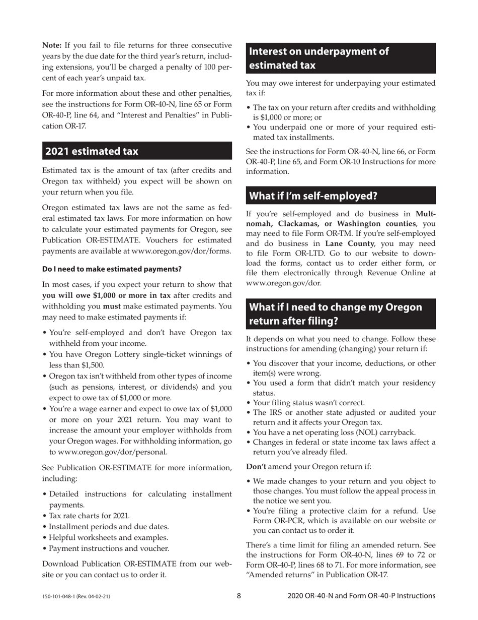 Instructions for Form OR-40-N, 150-101-048, OR-40-P, 150-101-055 - Oregon, Page 8