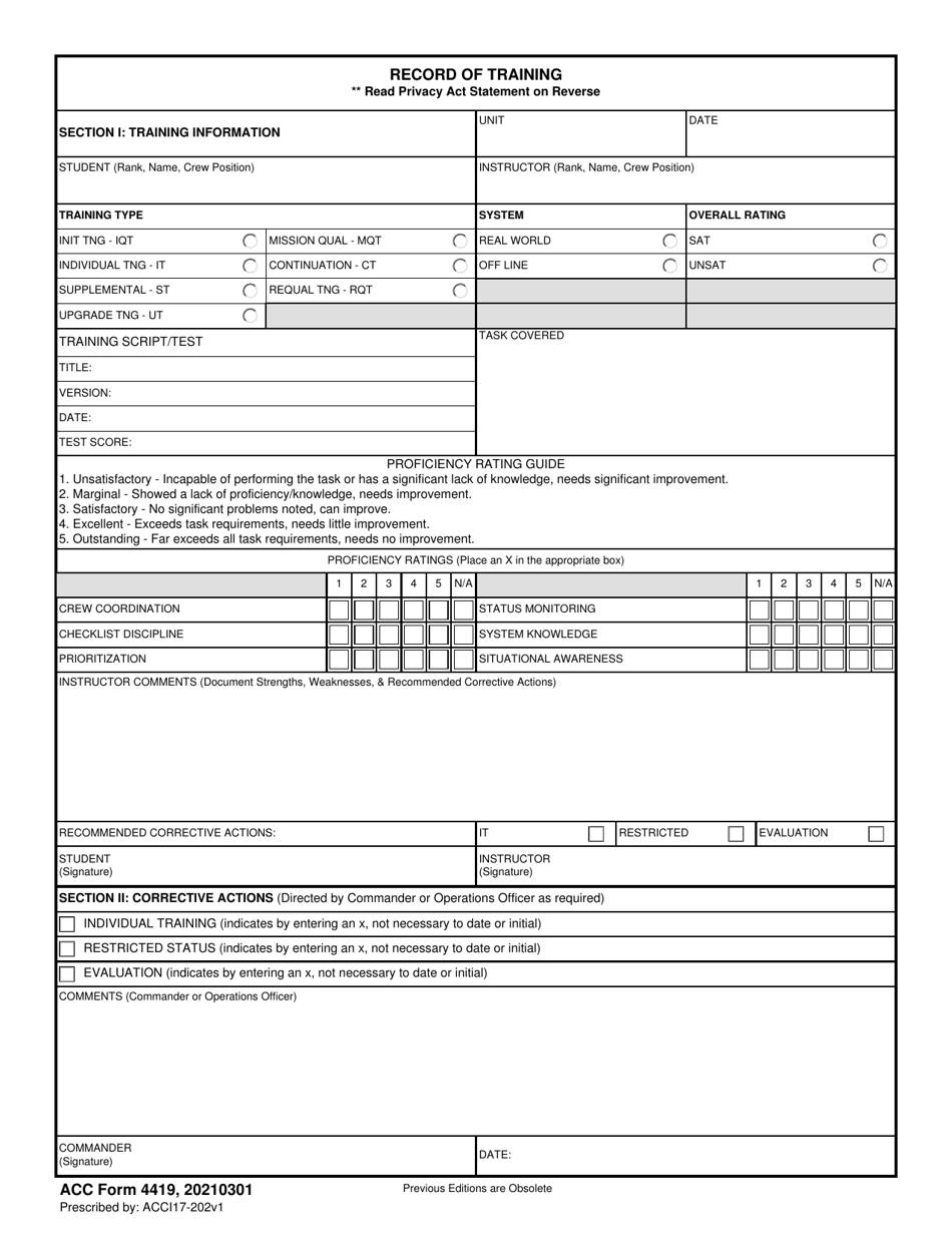 ACC Form 4419 Record of Training, Page 1