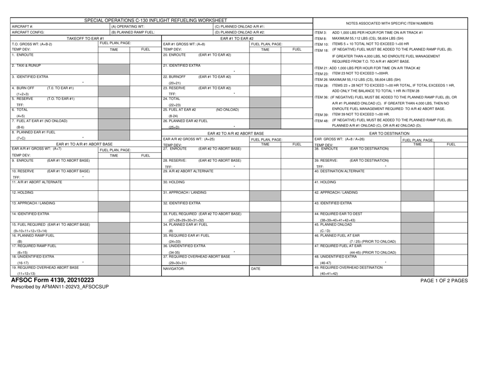 AFSOC Form 4139 Special Operations C-130 Inflight Refueling Worksheet, Page 1