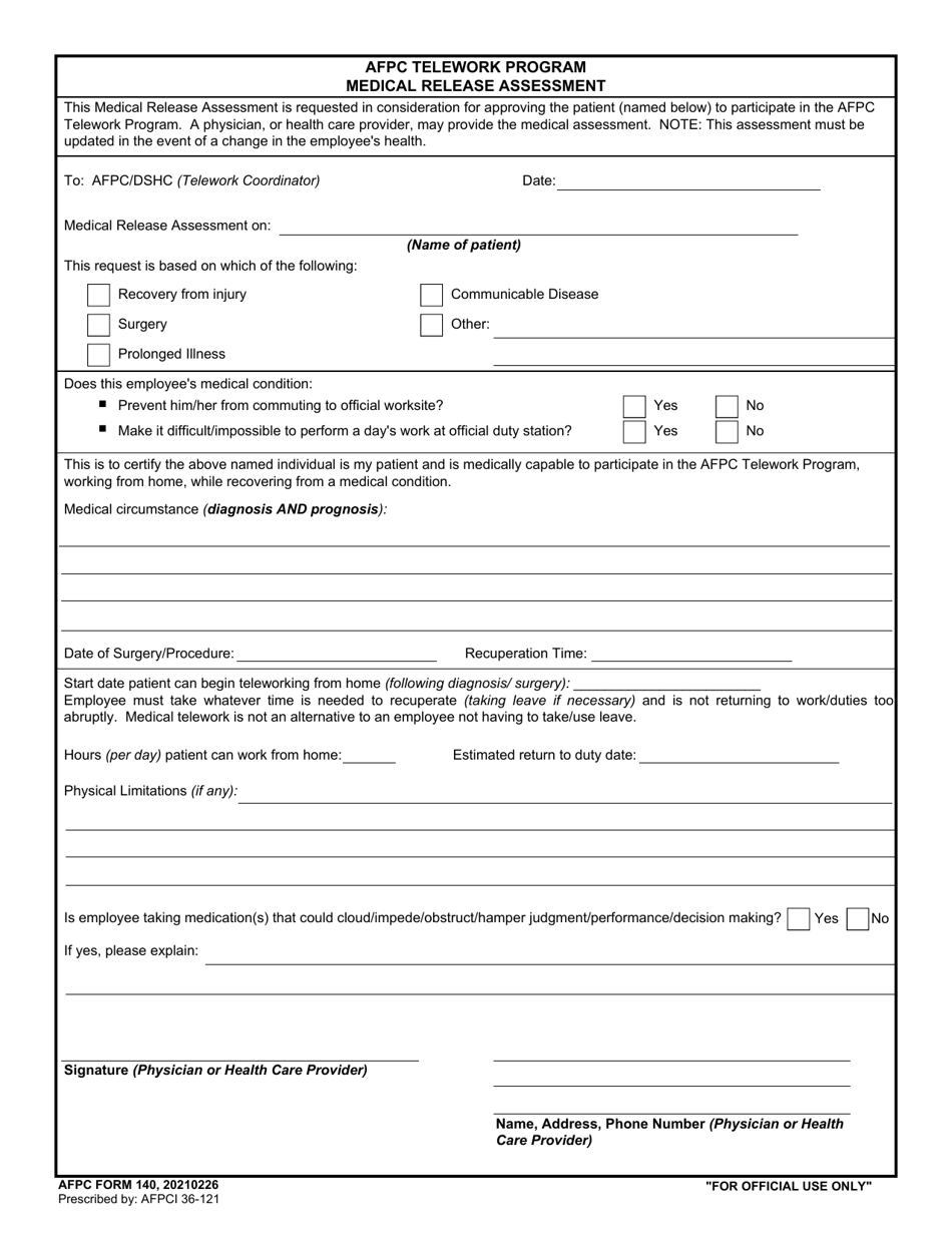 AFPC Form 140 Afpc Telework Program Medical Release Assessment, Page 1