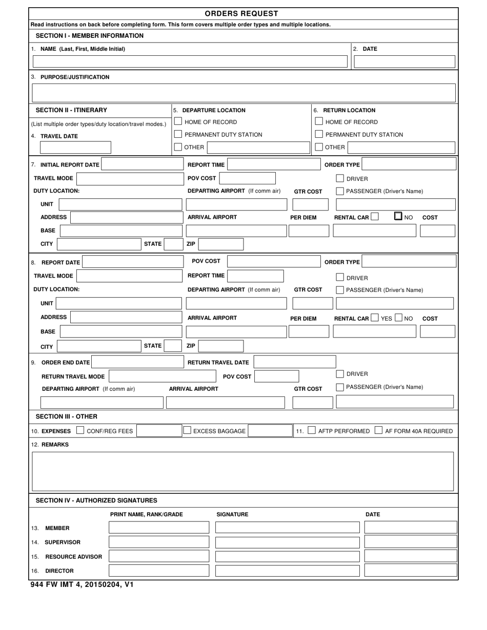944 FW IMT Form 4 Orders Request, Page 1