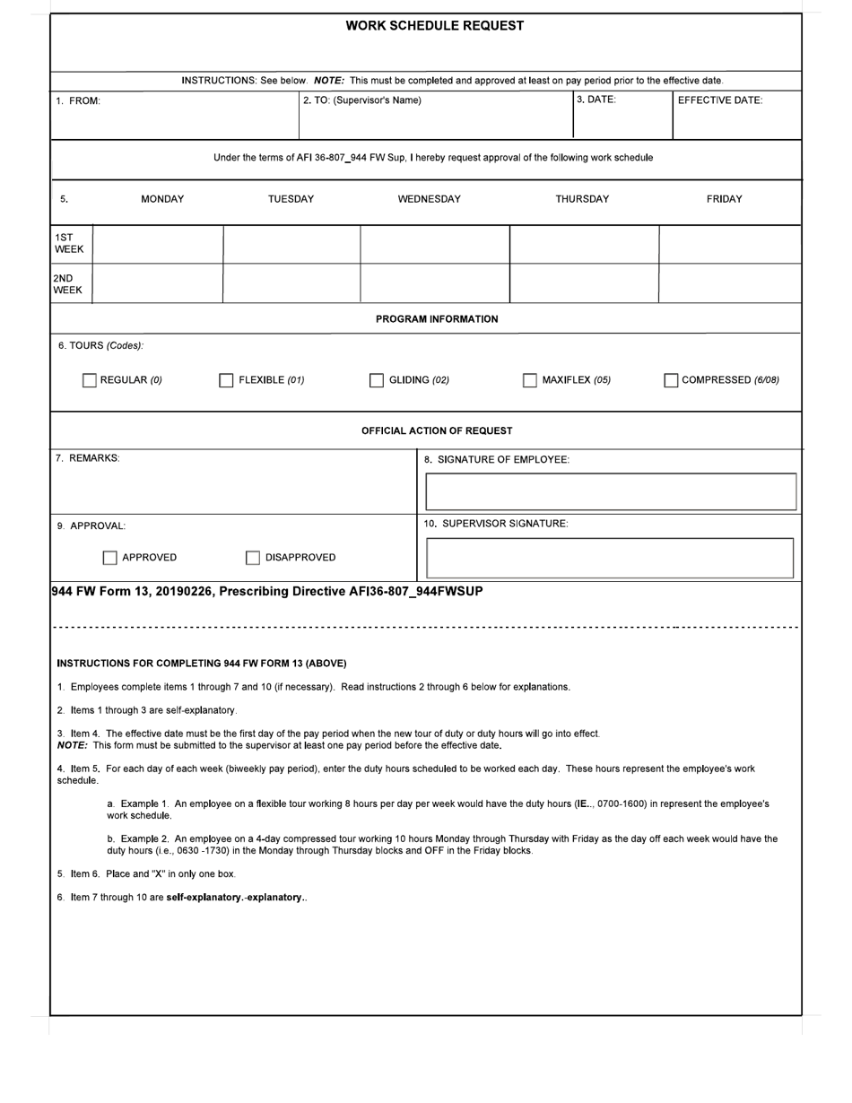 944 FW Form 13 Work Schedule Request, Page 1