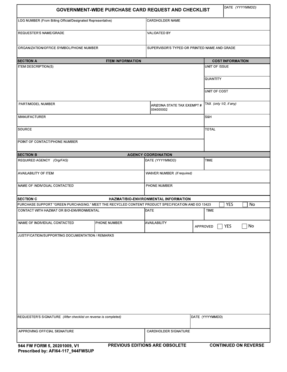 944 FW Form 5 Government-Wide Purchase Card Request and Checklist, Page 1