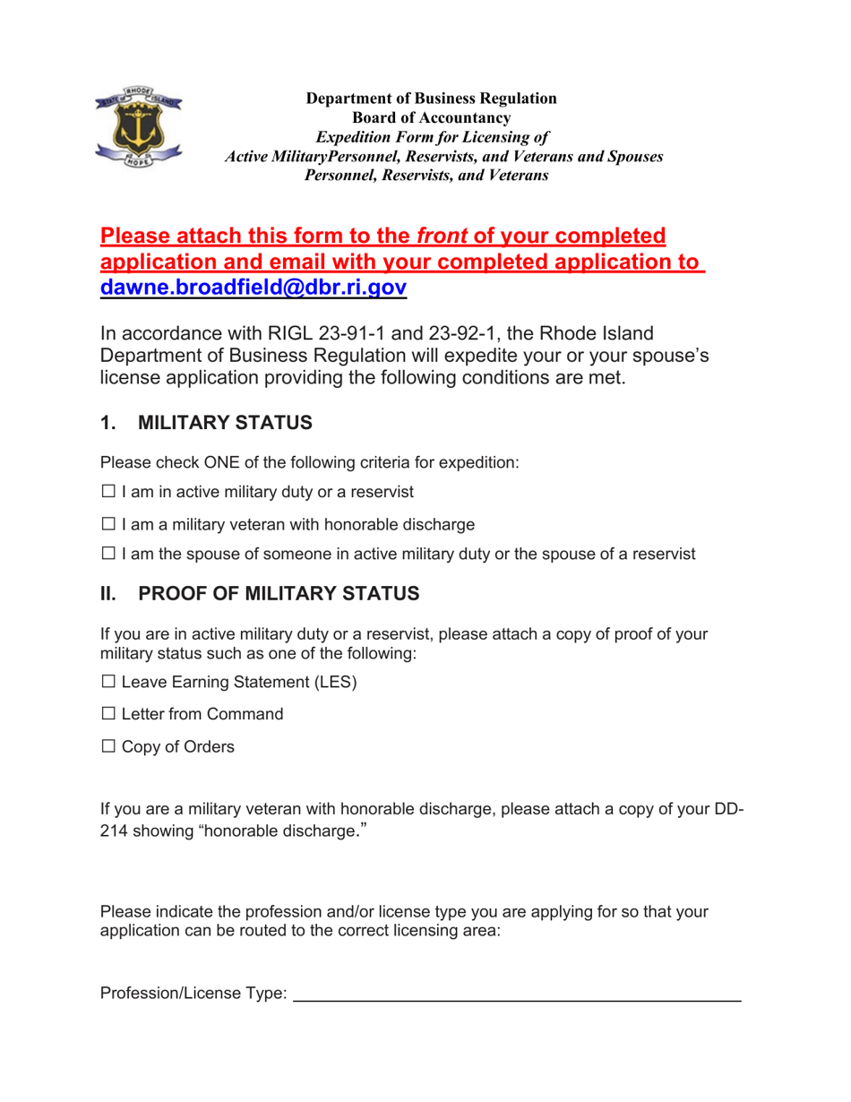 Expedition Form for Licensing of Active Military Personnel, Reservists, and Veterans and Spouses Personnel, Reservists, and Veterans - Rhode Island, Page 1