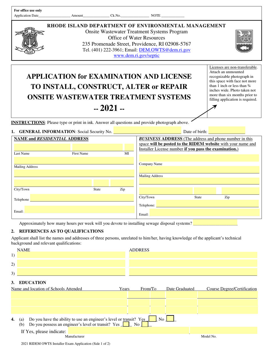 2021 Rhode Island Application for Examination and License to Install