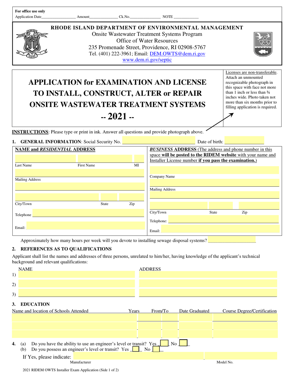Application for Examination and License to Install Construct, Alter or Repair Onsite Wastewater Treatment Systems - Rhode Island, Page 1