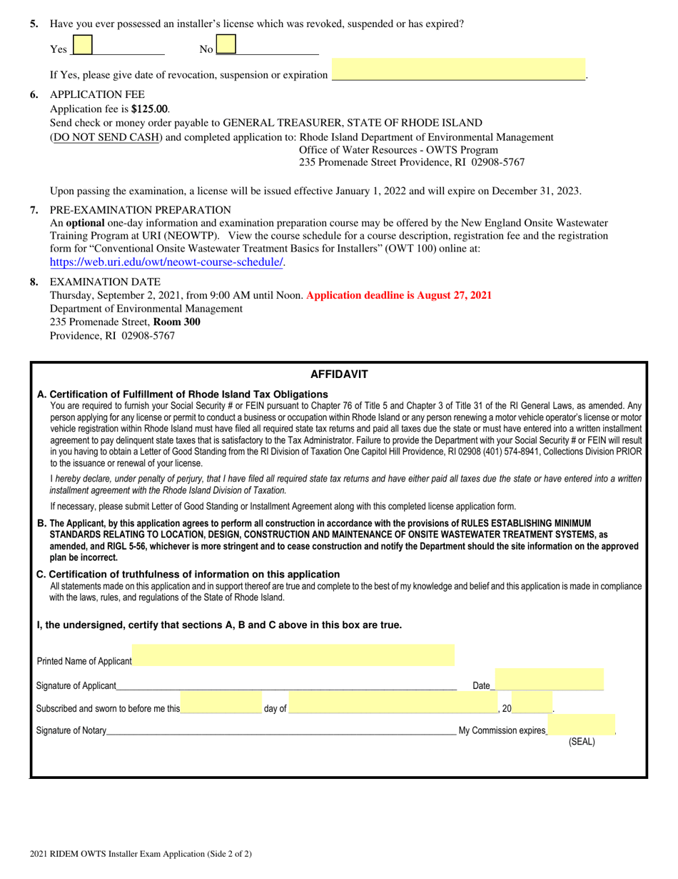 Application for Examination and License to Install Construct, Alter or Repair Onsite Wastewater Treatment Systems - Rhode Island, Page 2