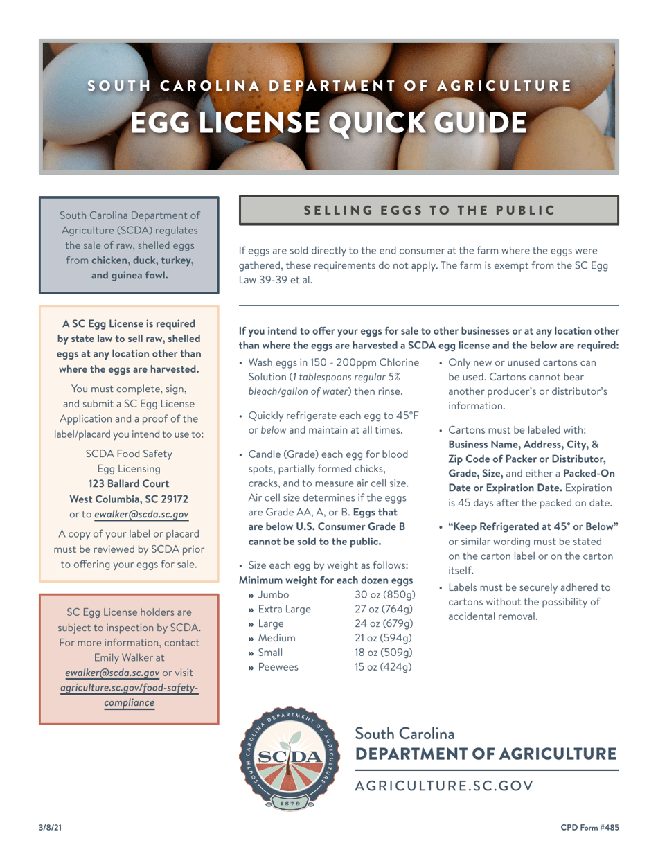 CPD Form 485 Application for South Carolina Egg License - South Carolina, Page 1