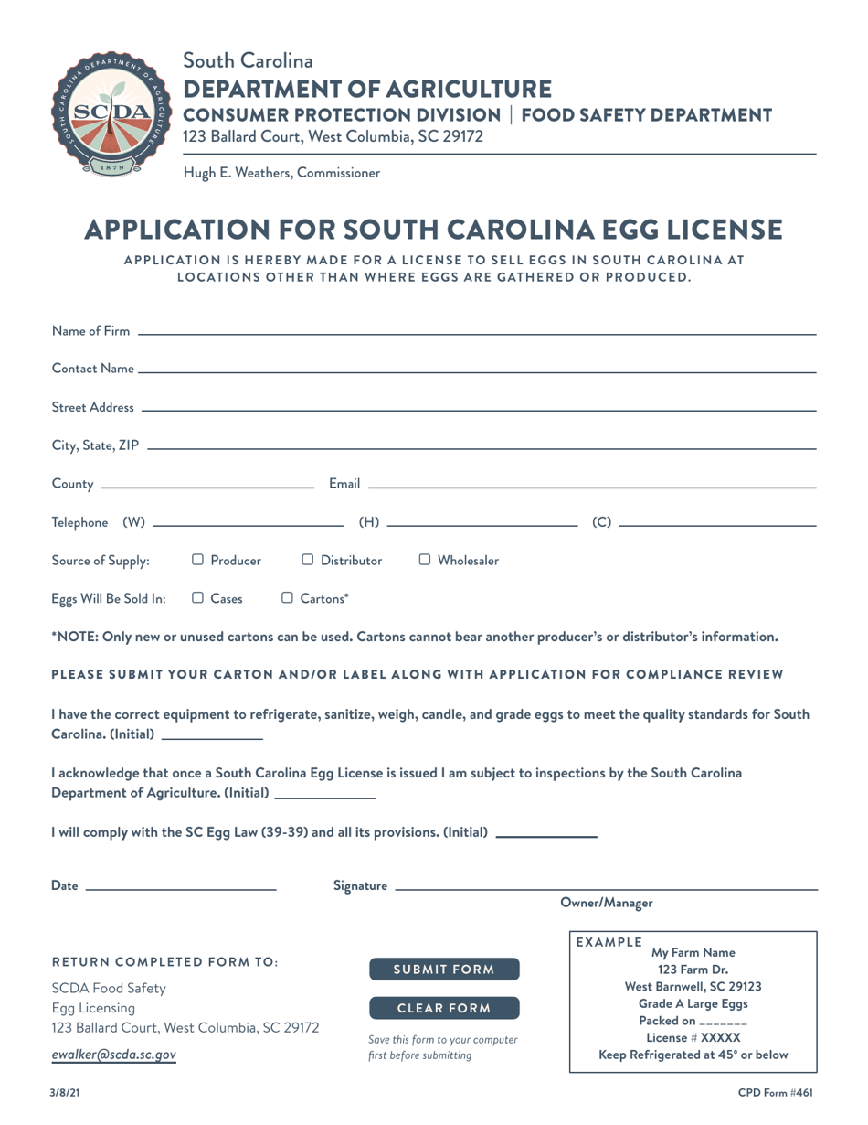 CPD Form 485 Application for South Carolina Egg License - South Carolina, Page 5
