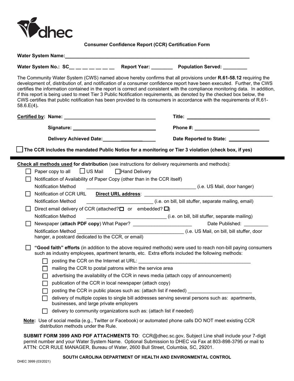 DHEC Form 3999 Consumer Confidence Report (Ccr) Certification Form - South Carolina, Page 1