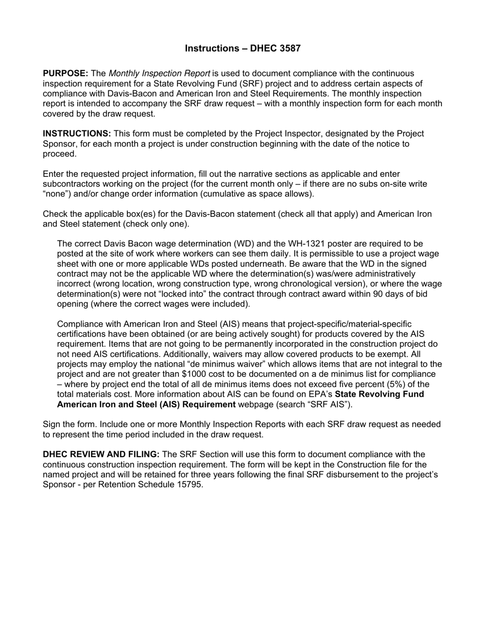 DHEC Form 3587 Monthly Construction Inspection Report - South Carolina, Page 2