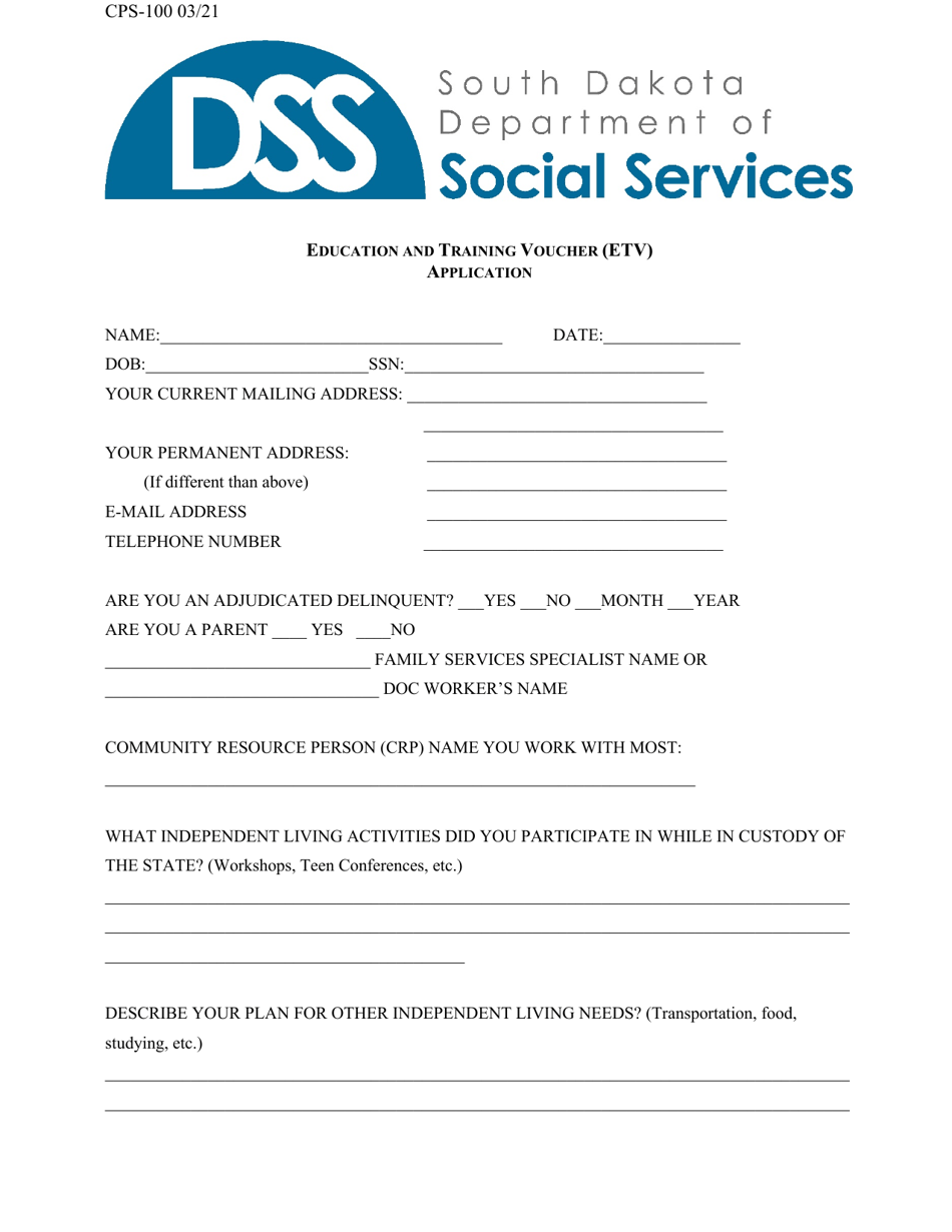 Form CPS-100 Education and Training Voucher (Etv) Application - South Dakota, Page 1