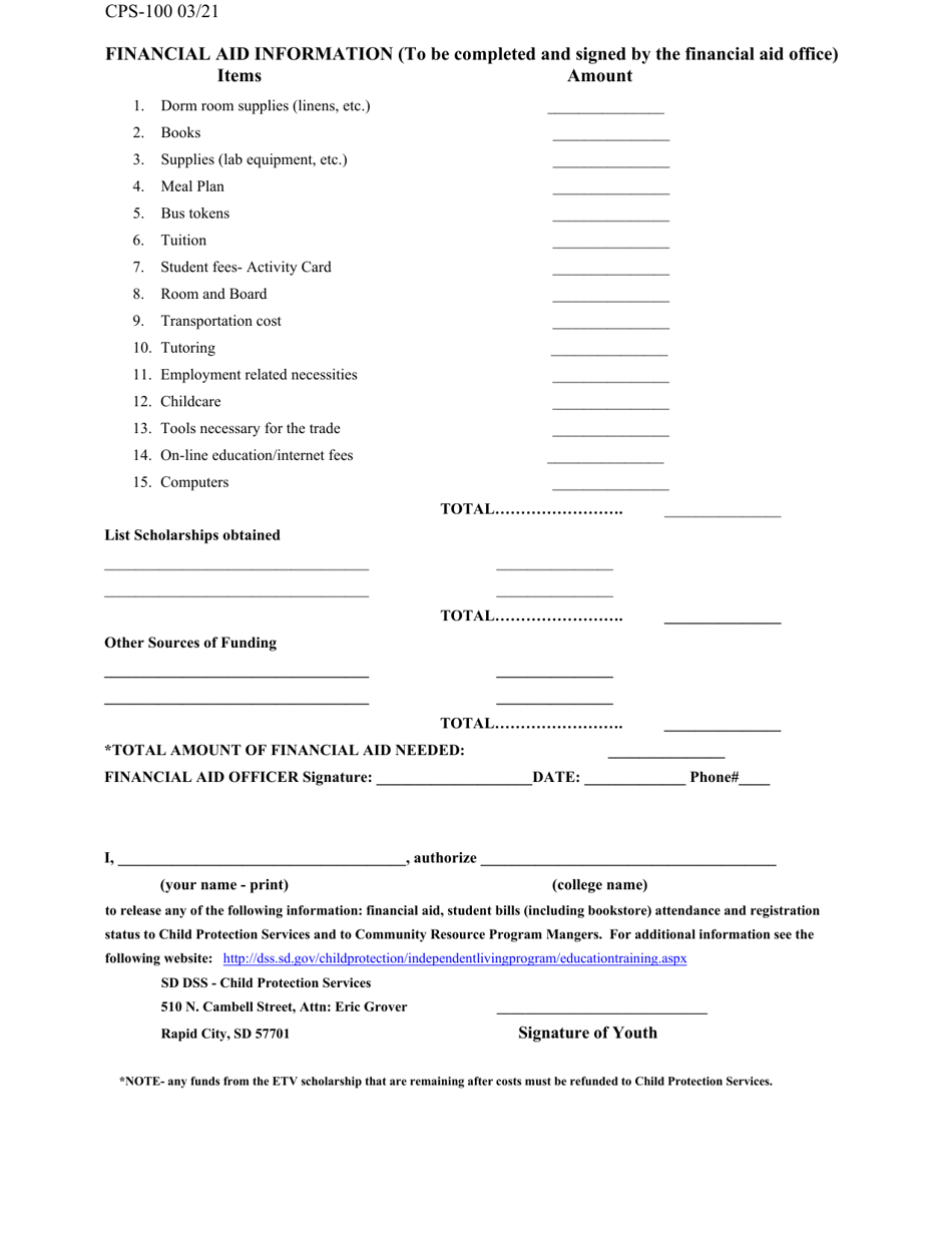 Form CPS-100 Education and Training Voucher (Etv) Application - South Dakota, Page 3