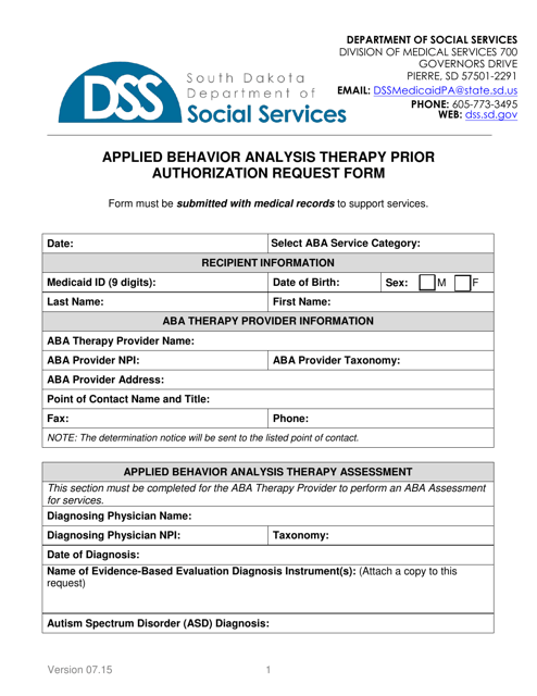 Applied Behavior Analysis Therapy Prior Authorization Request Form - South Dakota Download Pdf