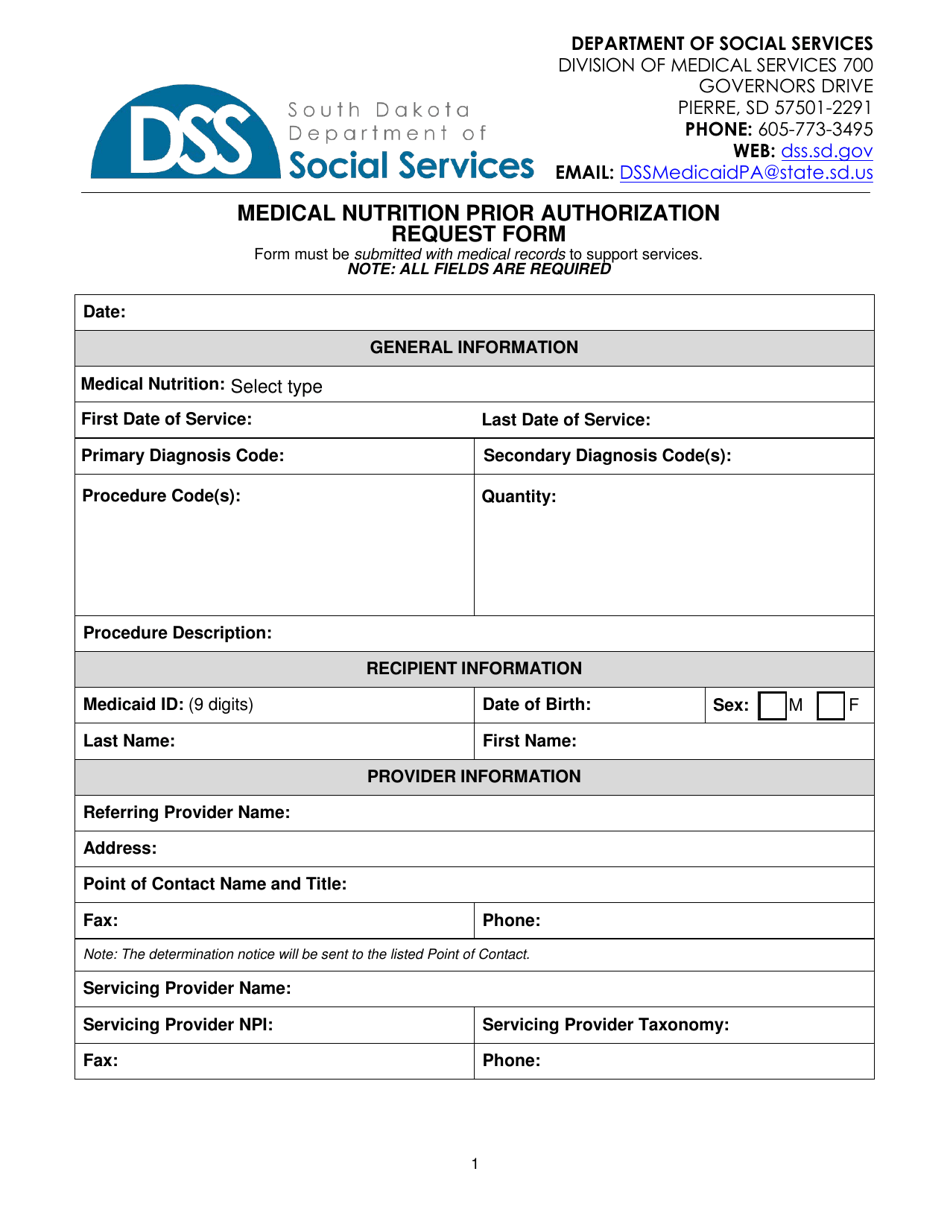 Medical Nutrition Prior Authorization Request Form - South Dakota, Page 1