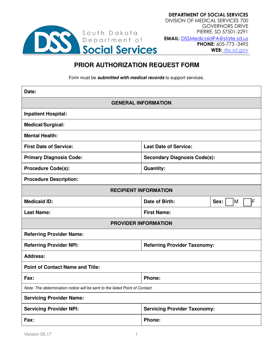 Prior Authorization Request Form - South Dakota, Page 1