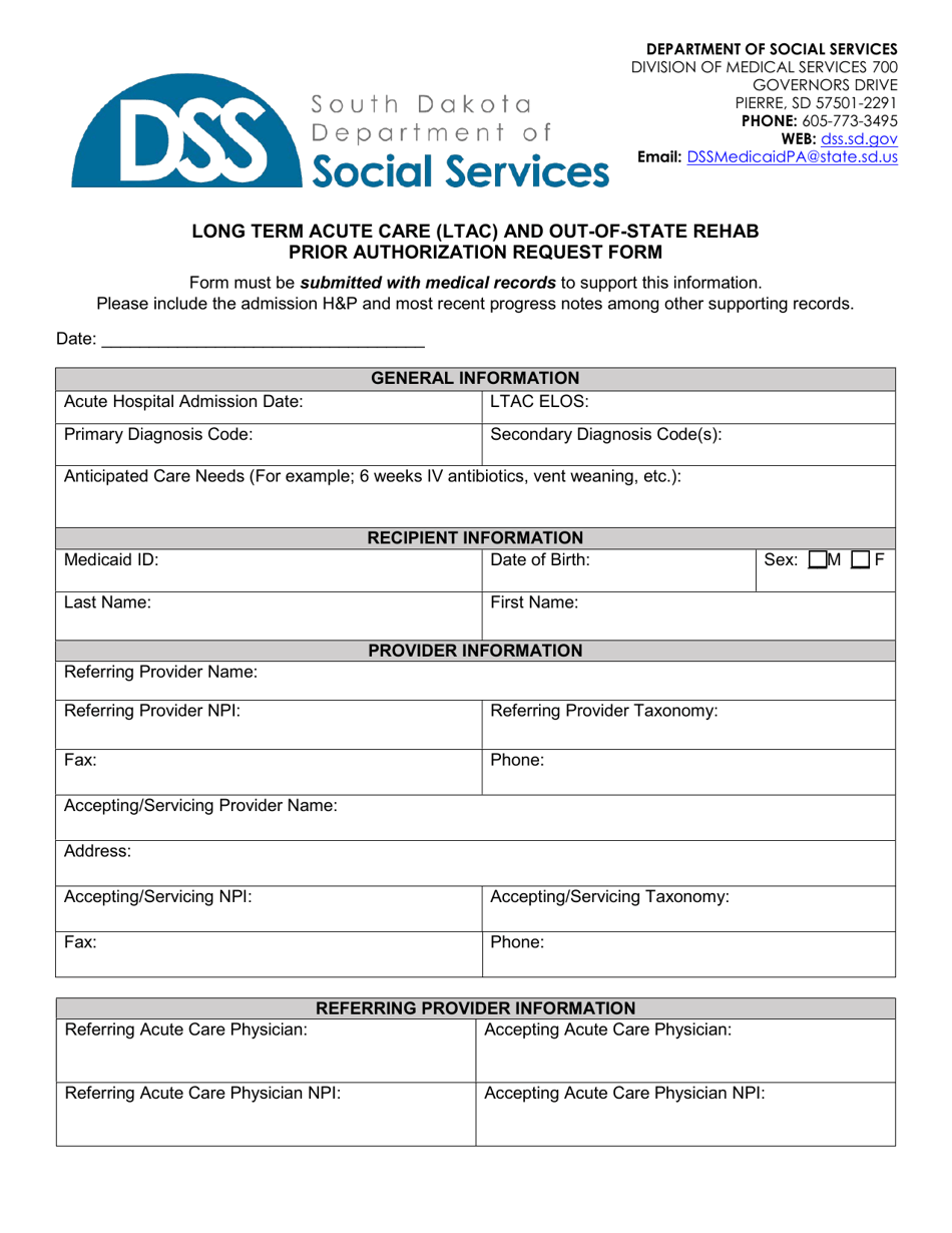 Long Term Acute Care (Ltac) and Out-of-State Rehab Prior Authorization Request Form - South Dakota, Page 1