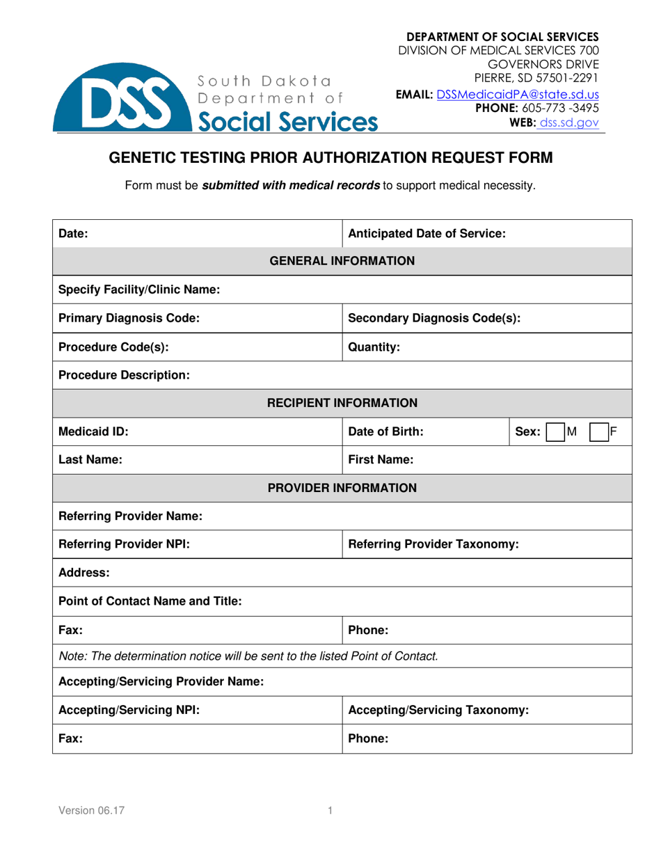 South Dakota Genetic Testing Prior Authorization Request Form Download ...