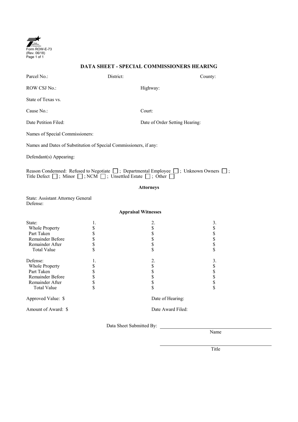 Form ROW-E-73 Data Sheet - Special Commissioners Hearing - Texas, Page 1