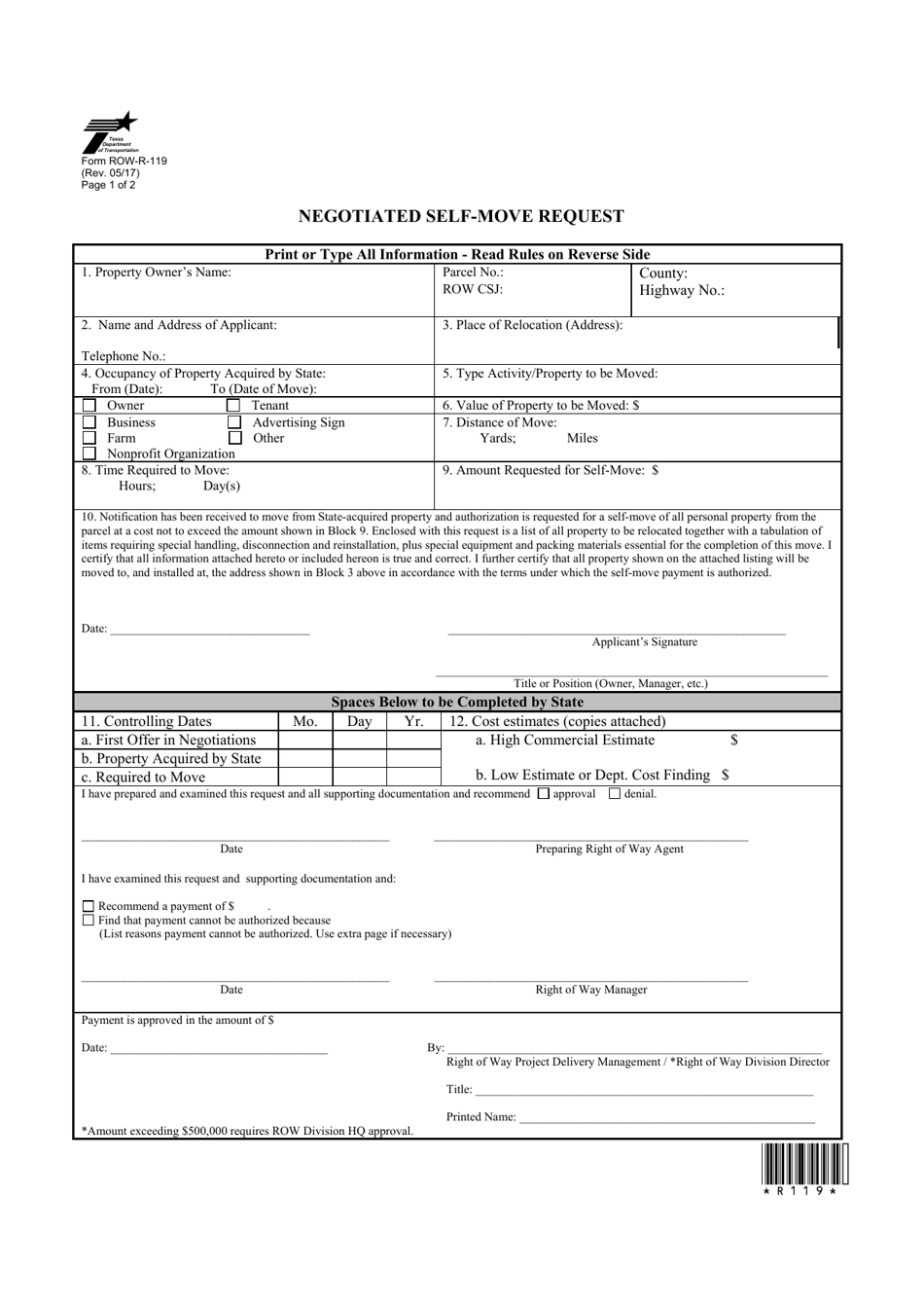 Form ROW-R-19 Negotiated Self-move Request - Texas, Page 1