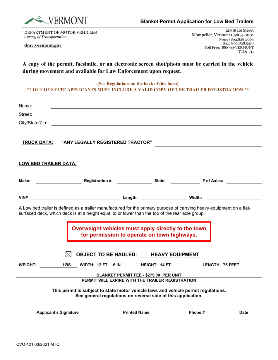 Form CVO 121 Fill Out Sign Online And Download Fillable PDF Vermont   Form Cvo 121 Blanket Permit Application For Low Bed Trailers Vermont Print Big 