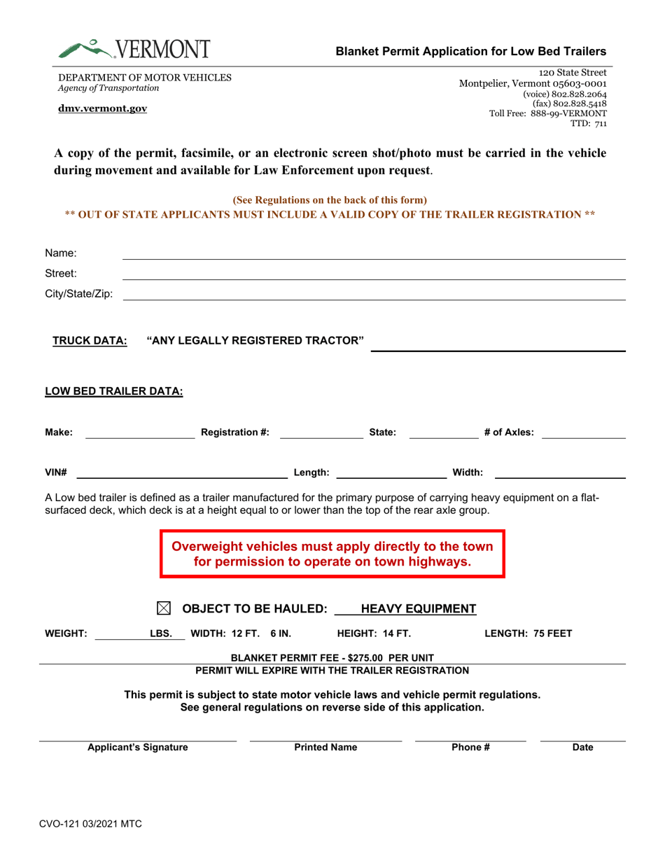 Form CVO-121 Blanket Permit Application for Low Bed Trailers - Vermont, Page 1