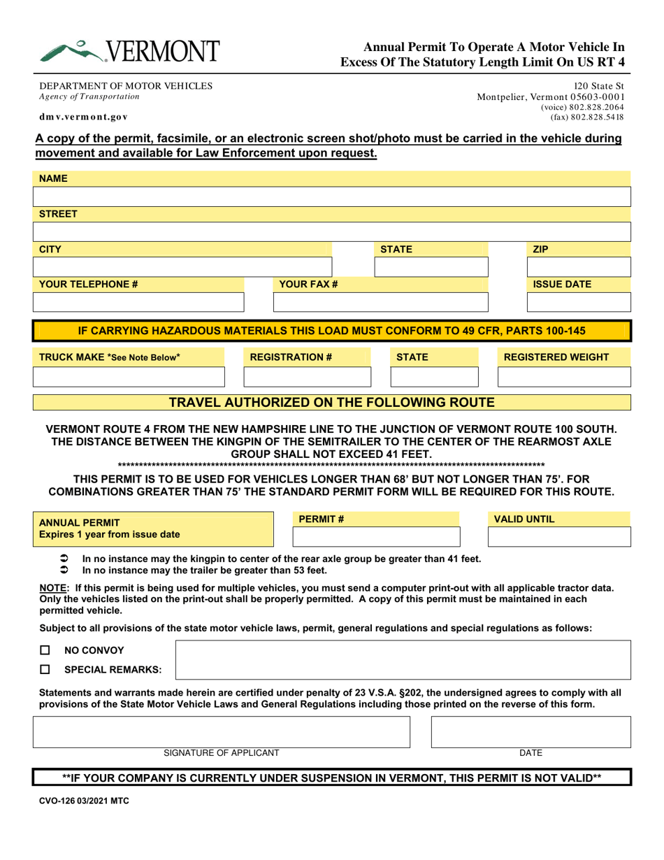 Form CVO-126 Annual Permit to Operate a Motor Vehicle in Excess of the Statutory Length Limit on US Rt 4 - Vermont, Page 1