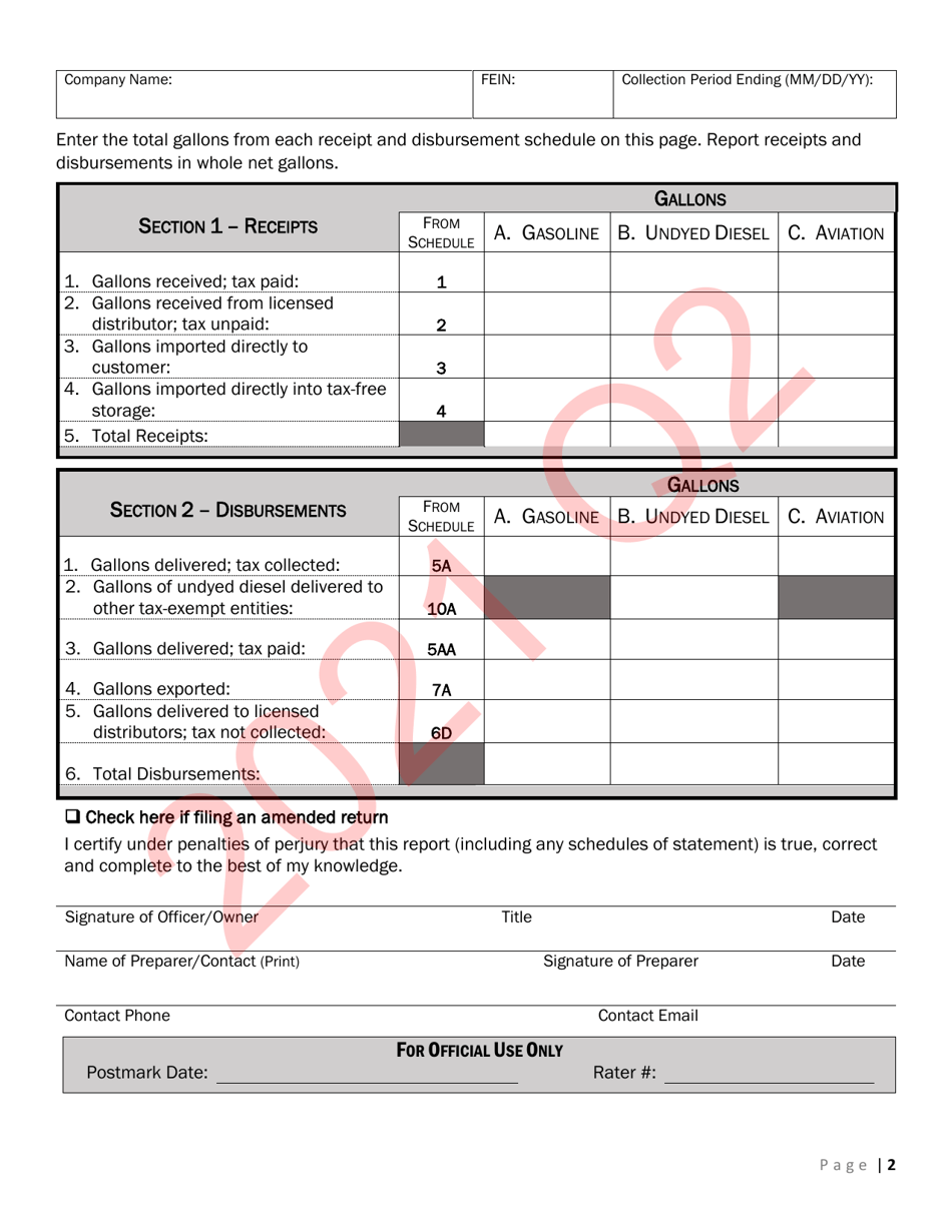 Form CVO-102 Distributor Fuel Tax Return (Q2) - Vermont, Page 2