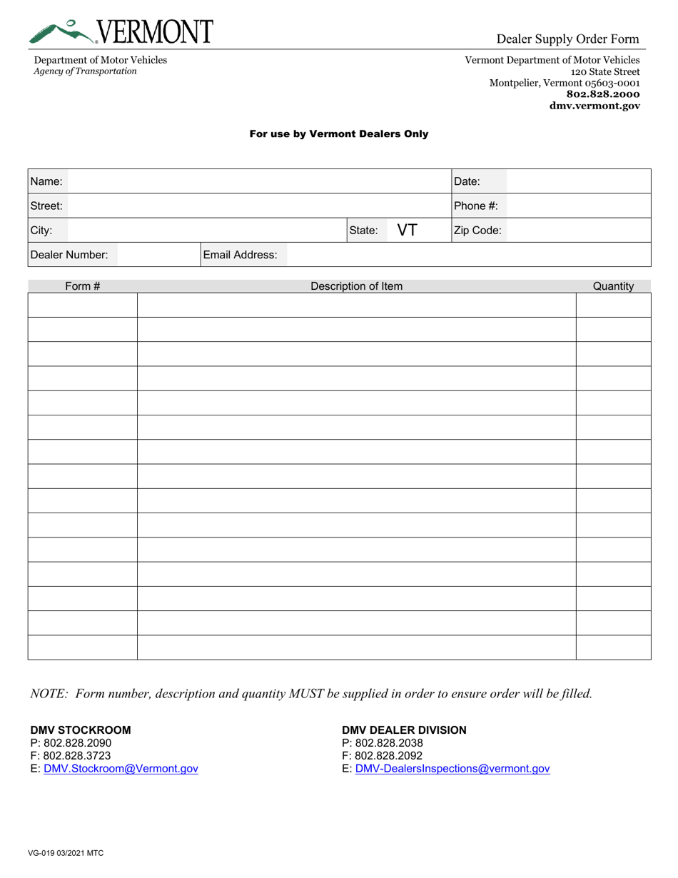 Form VG-019 Download Fillable PDF or Fill Online Dealer Supply Order ...