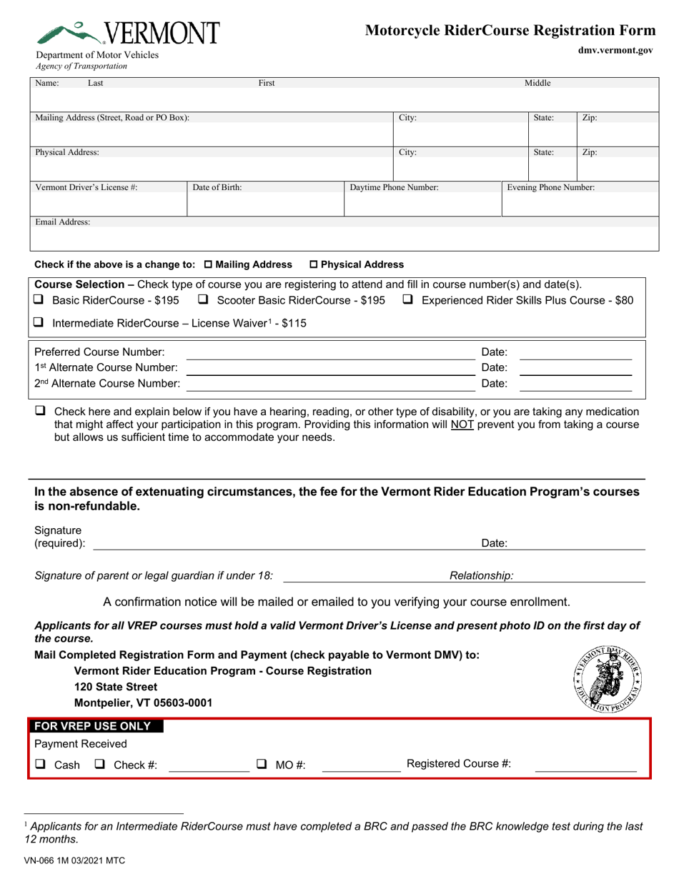 Form VN-066 Motorcycle Ridercourse Registration Form - Vermont, Page 1