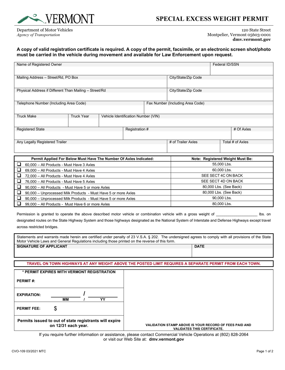 Form CVO-109 Special Excess Weight Permit - Vermont, Page 1
