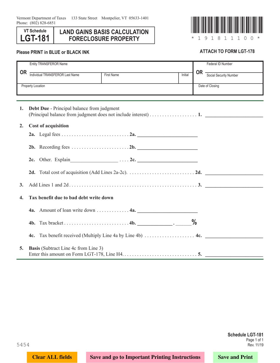 Schedule LGT-181 Land Gains Basis Calculation Foreclosure Property - Vermont, Page 1