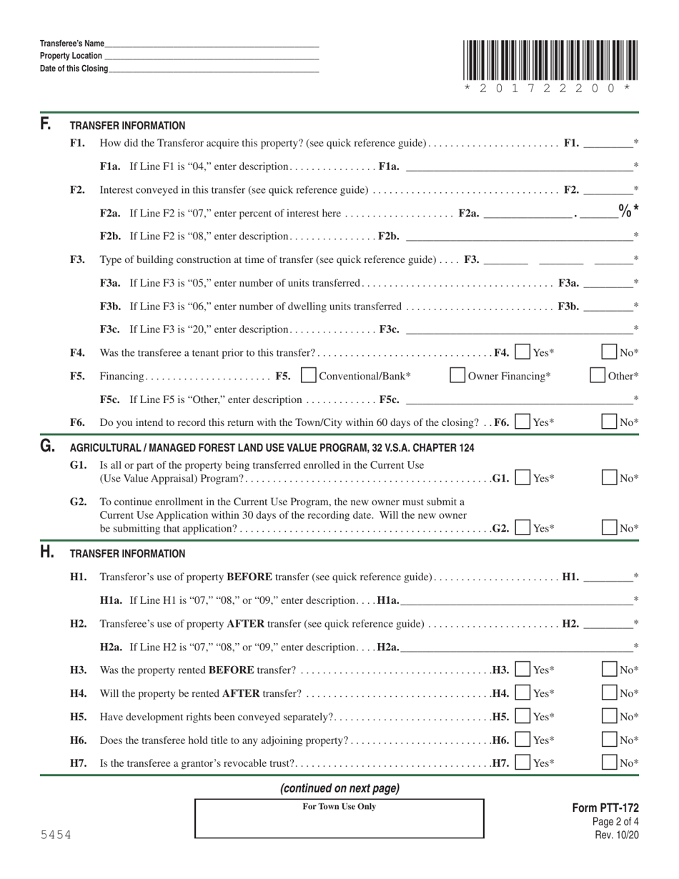 VT Form PTT172 Download Fillable PDF or Fill Online Vermont Property