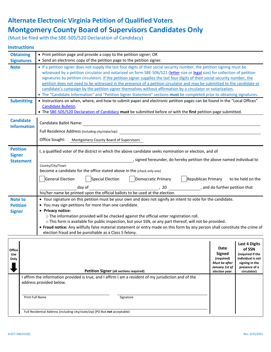 Form ELECT-506 / 521 Alternate Electronic Virginia Petition of Qualified Voters - Montgomery County, Virginia, Page 1