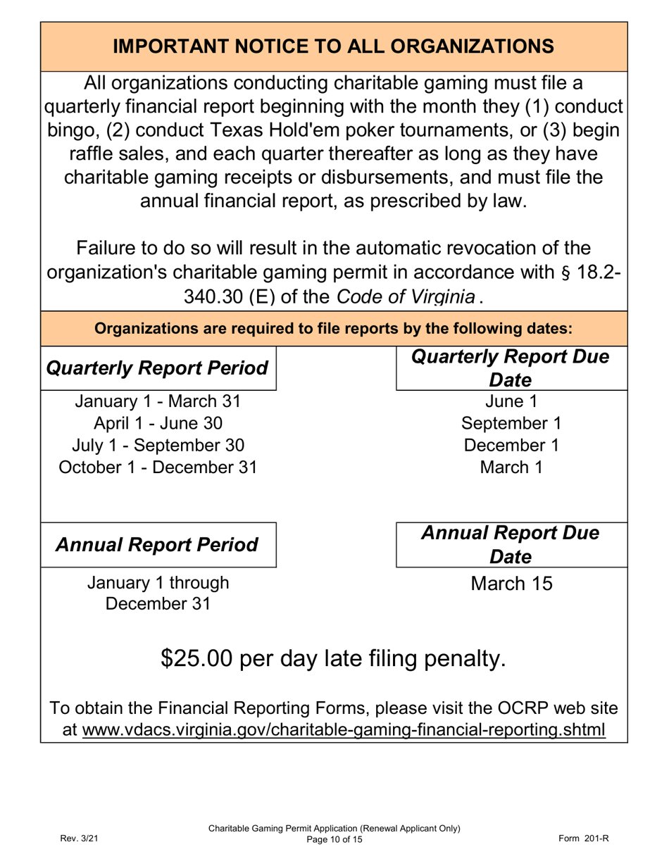 Form 201-R Charitable Gaming Permit Application (Renewal Applicant Only) - Virginia, Page 10