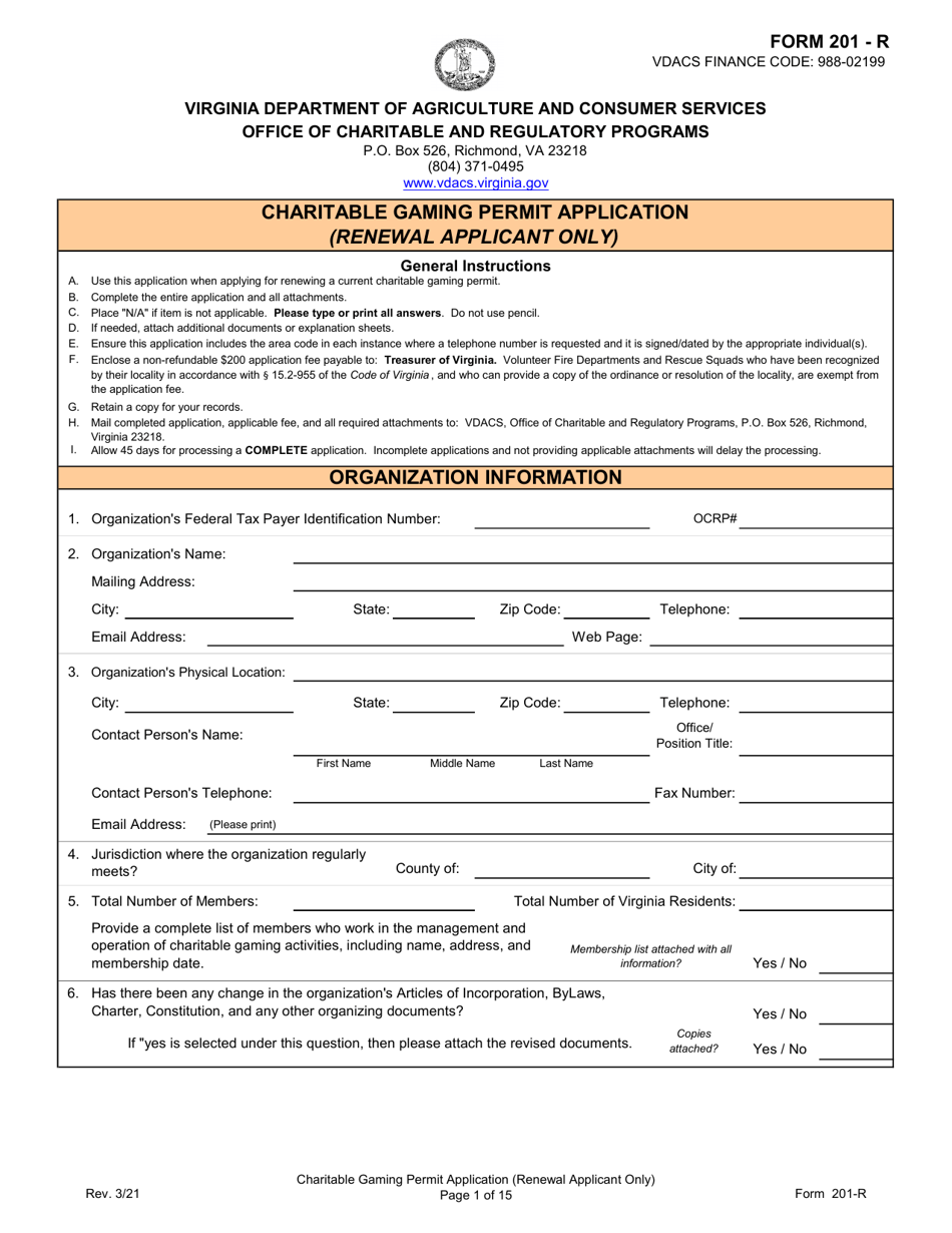 Form 201-R Charitable Gaming Permit Application (Renewal Applicant Only) - Virginia, Page 1