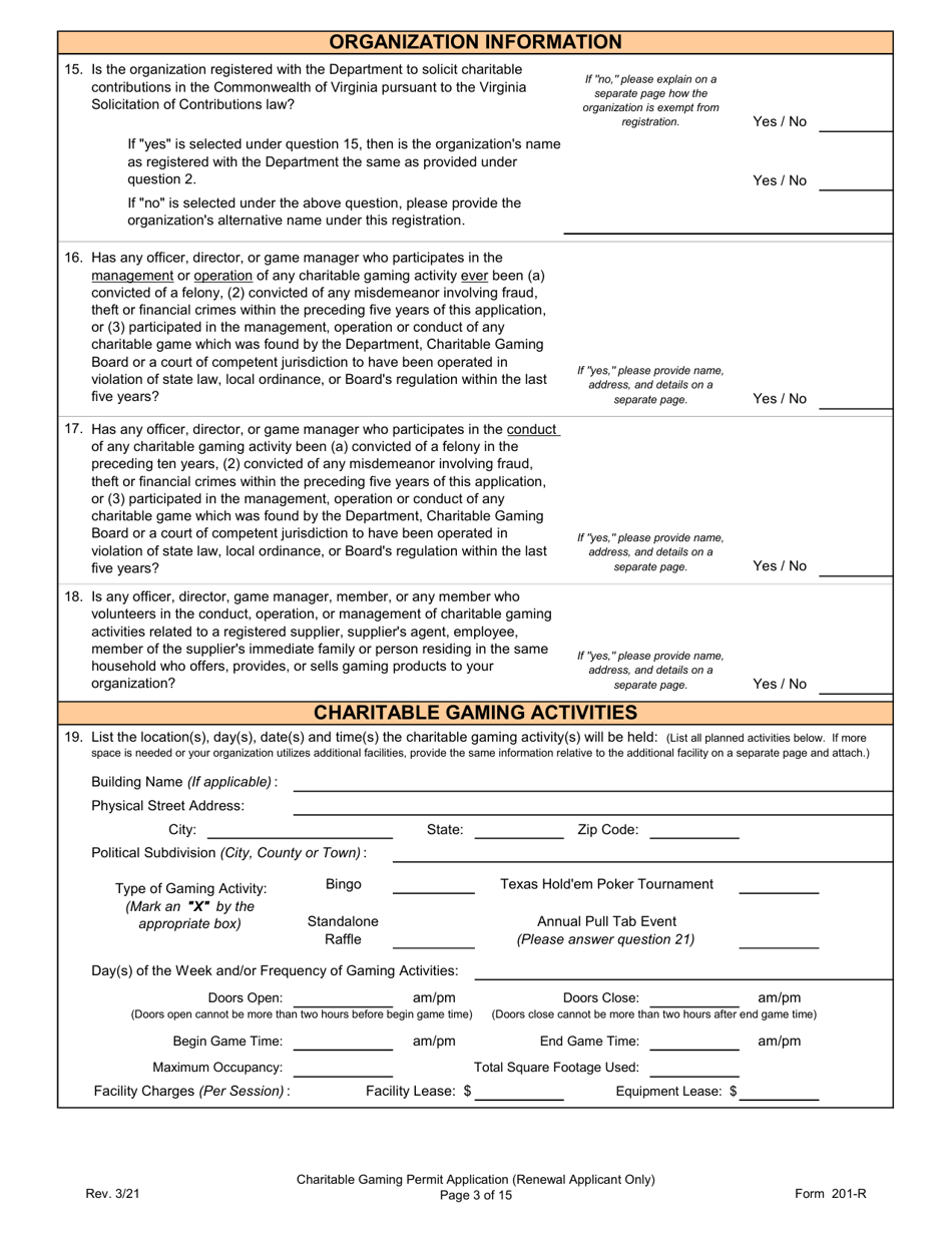 Form 201-R Charitable Gaming Permit Application (Renewal Applicant Only) - Virginia, Page 3