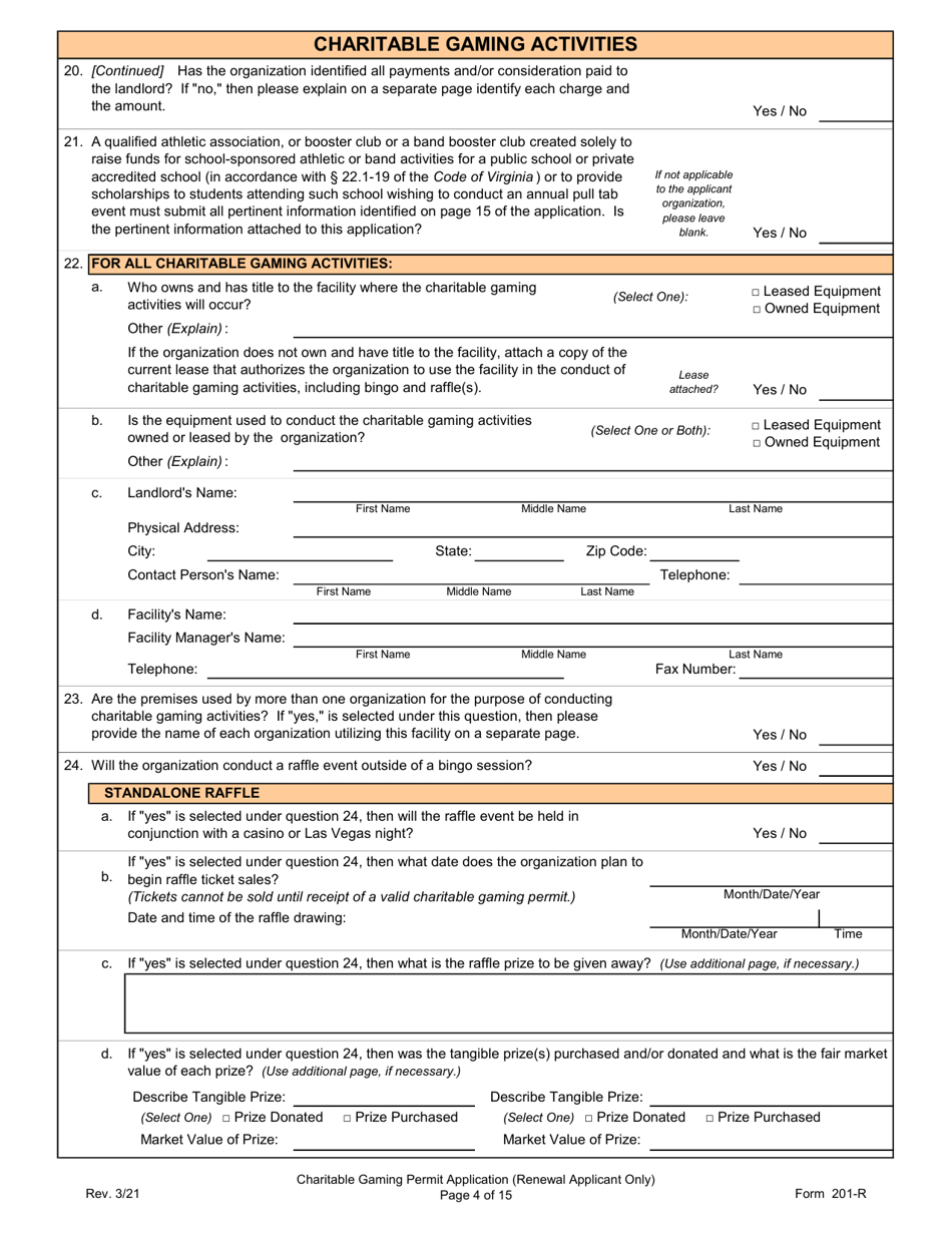 Form 201-R Charitable Gaming Permit Application (Renewal Applicant Only) - Virginia, Page 4