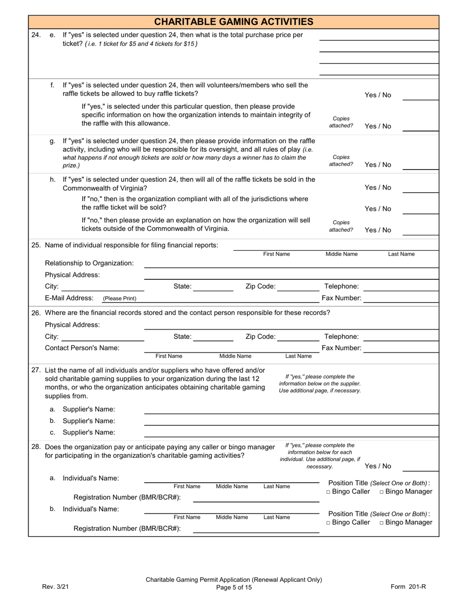 Form 201-R Charitable Gaming Permit Application (Renewal Applicant Only) - Virginia, Page 5