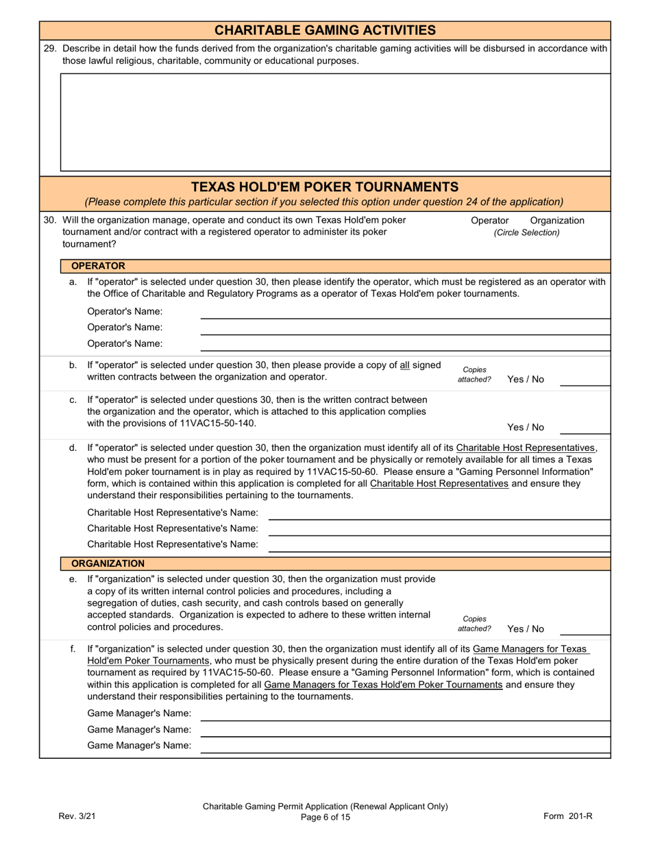 Form 201-R Charitable Gaming Permit Application (Renewal Applicant Only) - Virginia, Page 6