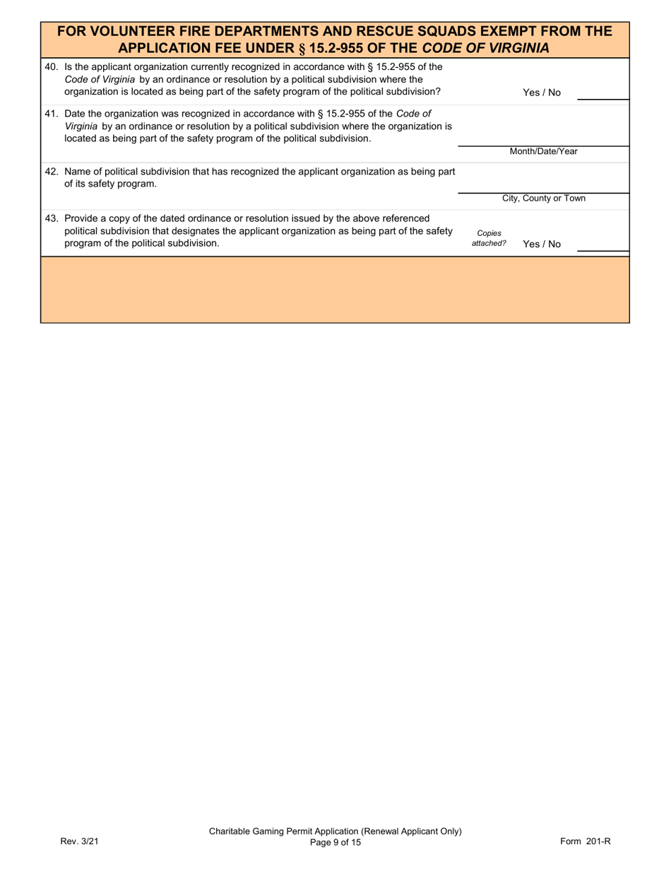 Form 201-R Charitable Gaming Permit Application (Renewal Applicant Only) - Virginia, Page 9