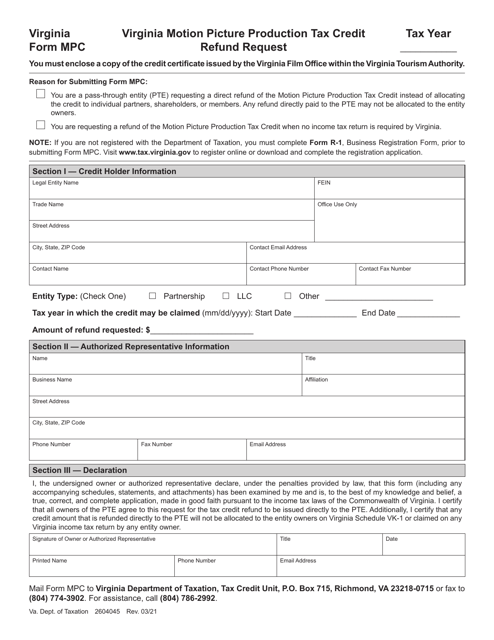 Form MPC Virginia Motion Picture Production Tax Credit Refund Request - Virginia