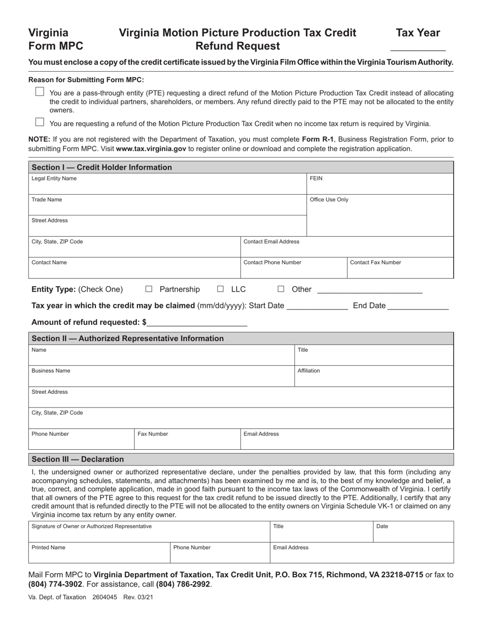Form MPC Virginia Motion Picture Production Tax Credit Refund Request - Virginia, Page 1
