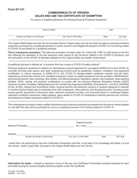 Document preview: Form ST-13T Sales and Use Tax Certificate of Exemption for Use by a Qualifying Business Purchasing Personal Protective Equipment - Virginia